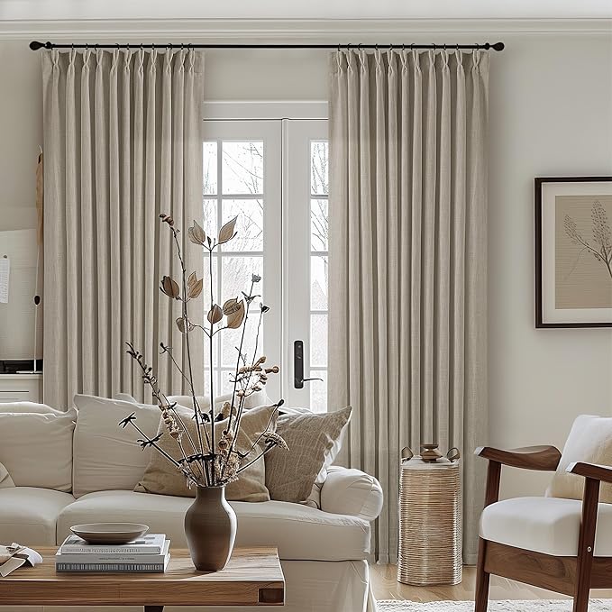 Pinch Pleat Linen Curtains 108 Inches Long 70 Inch Wide for Patio Sliding Door Light Filtering Semi Sheer Pleated Drapes Back Tab Burlywood Taupe Extra Wide 70 x 108 Curtain for Living Dining Room