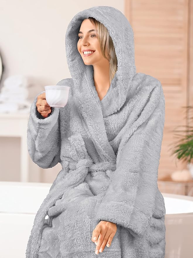 PAVILIA Women Hooded Plush Soft Robe | Fluffy Warm Fleece Sherpa Shaggy Bathrobe