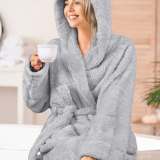 PAVILIA Women Hooded Plush Soft Robe | Fluffy Warm Fleece Sherpa Shaggy Bathrobe