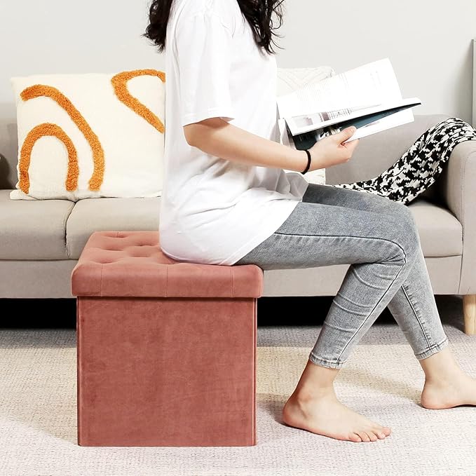 B FSOBEIIALEO Storage Ottoman Cube, Velvet Tufted Folding Ottomans with Lid, Footstool Rest Padded Seat for Bedroom (Warm Red, Medium)