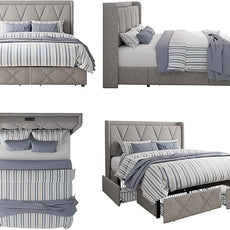 Queen Bed Frame with 4 Storage Drawers, Upholstered Platform Bed with Charging Station, Modern Wingback Storage Headboard, Easy Assembly,Noise-Free, Light Gray