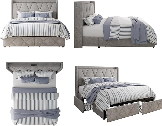 Queen Bed Frame with 4 Storage Drawers, Upholstered Platform Bed with Charging Station, Modern Wingback Storage Headboard, Easy Assembly,Noise-Free, Light Gray