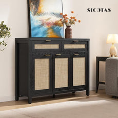 SICOTAS Rattan Sideboard Buffet Cabinet with Storage, Boho Credenza Accent Cabinet with 3 Doors and 2 Drawers, Farmhouse Console Coffee Bar Cabinets for Kitchen Living Room Entryway, Black Oak, 2 PCS