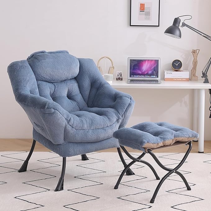 Tiita Lazy Chair with Ottoman, Modern Large Accent Lounge Armchair, Comfy Leisure Sofa Reading Chair with Footrest for Bedroom, Living Room, Dorm Rooms, Garden and Courtyard, Plush Light Blue