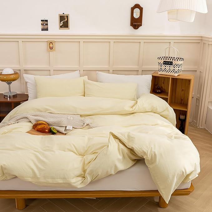 ECOCOTT Duvet Cover Set, 100% Washed Cotton Linen-Like Soft & Breathable, Durable Comfy Bedding Set for All Seasons (Light Yellow, Queen)