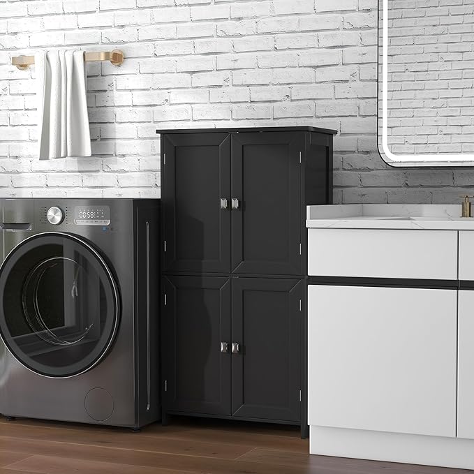 TaoHFE 2 Tier Bathroom Storage Cabinet,Wood Bathroom Cabinets Freestanding with 4 Door Organizers Storage with Adjustable Shelves, Storage Cabinet for Living Room, Laundry Room, Black