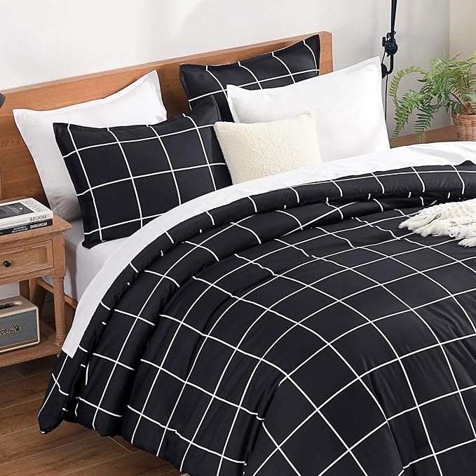 Andency Black Grid Comforter Set Queen(90x90Inch), 3 Pieces (1 Plaid Comforter and 2 Pillowcases) Black Plaid Comforter Set, Lightweight Microfiber Gingham Geometric Comforter Bedding Set