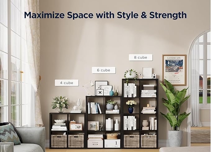 4 Cube Storage Organizer, 2x2 Cube Bookshelf, Cubby Storage Shelf, Wooden Organizer Shelf with Thickened Boards, for Closet Bedroom Home Office Living Room, 25.12" L x 9.37" W x 25.12" H, Black