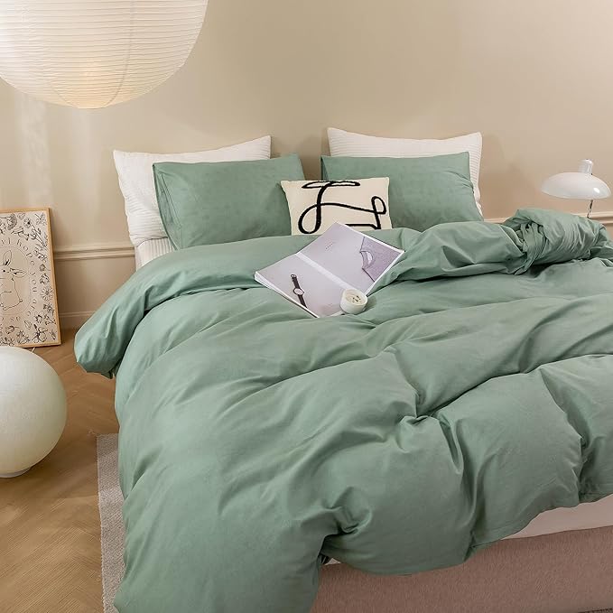 ECOCOTT Olive Green Duvet Cover King Size - 100% Washed Cotton Durable Soft Comfy Duvet Cover Set, 3 Pieces Duvet Cover with Zipper Closure (Green, 104''x90'')