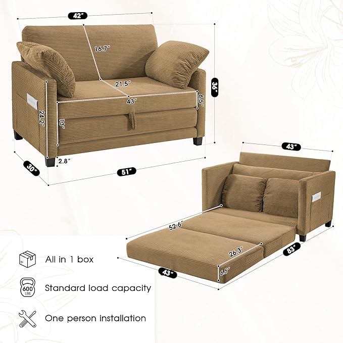 51" Convertible Loveseat Sofa Bed, 2-in-1 Folding Sofa Bed with 2 Pillow for Small Spaces, Modern Loveseat Sleeper Couch for Apartment, Living Room & Guest Room (Brown Corduroy, 51 inch)
