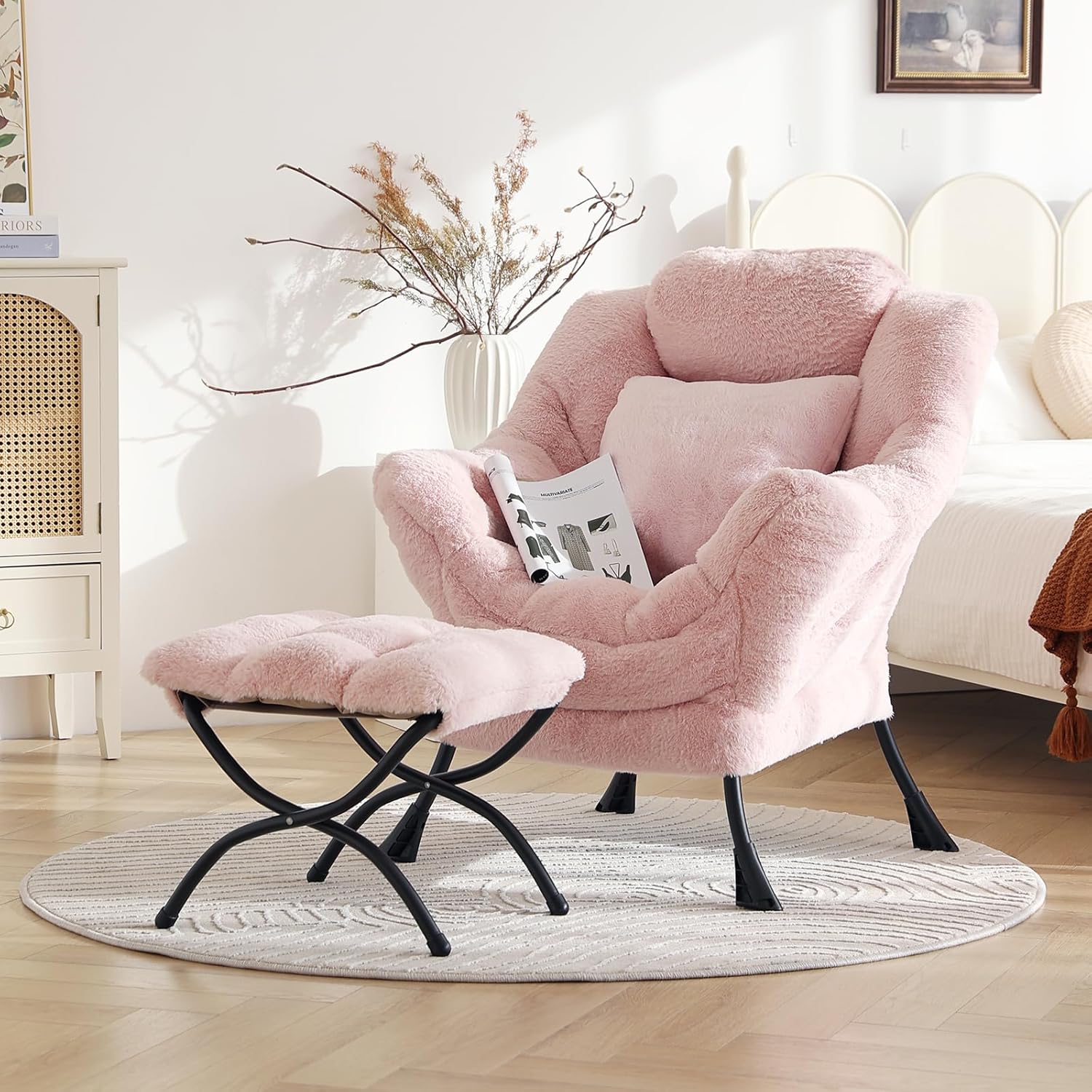 Lazy Chair with Ottoman, Large Pink Accent Chair with Ottoman and FA Throw Pillow, Comfy Plush Reading Chair for Living Room Bedroom Dorm Room Office Apartment Relaxing Use Dormly