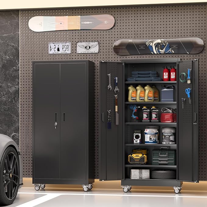 SUXXAN Garage Storage Cabinet with Wheels Pegboard and 5 Adjustable Shelves, 71'' x 32'' x 16''Metal Lockable Cabinet with Magnetic Doors,Tool Storage,Home Office Garage,Gym,School (Black)