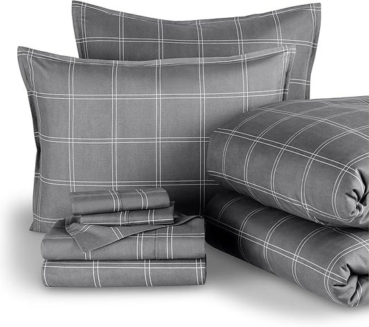 Bare Home Bed-in-A-Bag 7 Piece Comforter & Sheet Set - Queen - Track Stitch - Goose Down Alternative - Ultra-Soft 1800 Premium - Bedding Set (Queen, Modern Plaid - Grey/White)
