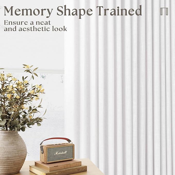 Pleated Linen White Curtains 96 Inches Long 2 Panels Set for Living Room Bedroom Neutral Farmhouse Cotton Linen Blend Back Tab Memory Shape Pinch Pleat Ceiling to Floor Window Curtain Snow White 8 Ft