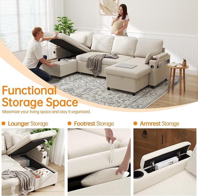 DURASPACE Sofa Bed Pull Out Couch Sleeper with Double Storage Chaise, U Shaped Convertible Sectional Sleeper Sofa for Living Room with USB Charging Ports, Cup Holder (Beige)