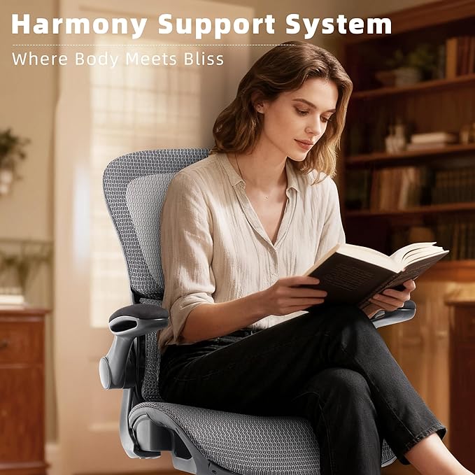 Office Chair, Ergonomic Desk Chair with Adjustable High Back 2D Lumbar Support Flip-up Armrests, Executive Breathable Mesh Comfy Swivel Rolling Computer Task Chair for Home Office Study Work Gaming