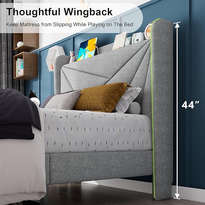 Feonase Twin Size Bed Frame with Charging Station, Upholstered Linen Bedframe with Wingback Headboard, Solid Wood Slats Support, No Box Spring Needed, Noise Free, Beige