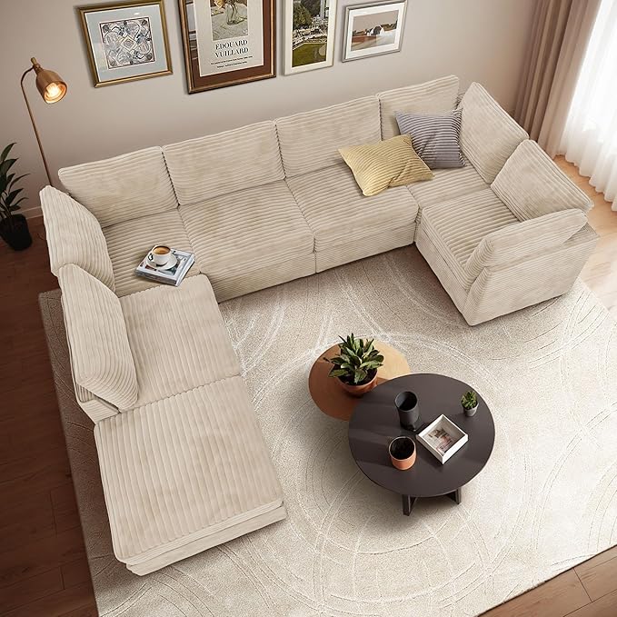 Large 7 Seat Modular Sectional Sofa with Ottoman Seat Corduroy Sleeper Sectional Sofa Bed Oversized Convertible Modular Couch for Living Room