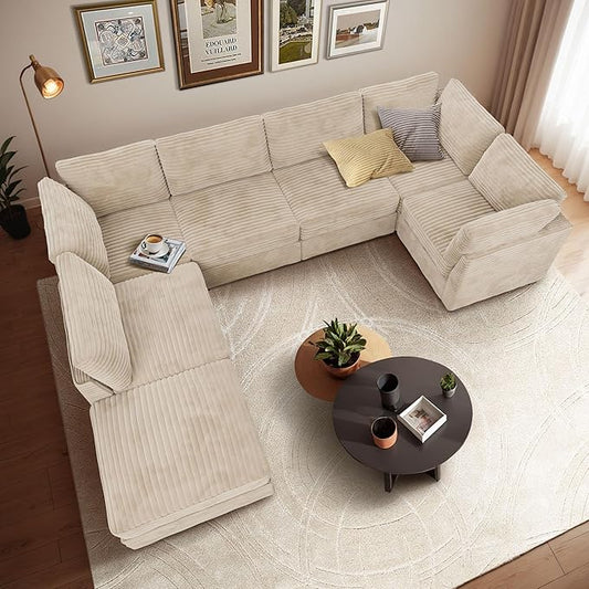 Large 7 Seat Modular Sectional Sofa with Ottoman Seat Corduroy Sleeper Sectional Sofa Bed Oversized Convertible Modular Couch for Living Room