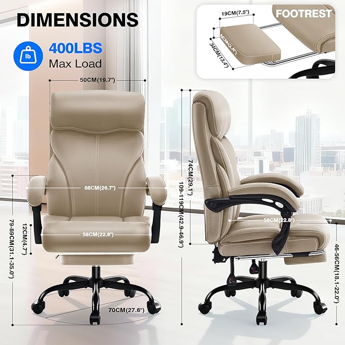 Office Chair - Ergonomic Comfortable High Back Computer Desk Chair with Foot Rest - Executive Breathable Swivel Rolling Reclining Leather Chair with Lumbar Support for Home Gaming Relaxing