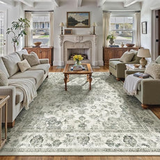 12x15 Neutral Area Rug Green Vintage Living Room Bedroom Washable Carpet Non-Slip Soft Low Pile Floral Indoor Large Throw Rug for Dining Room Office