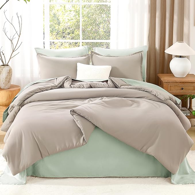Litanika Comforter Set, Lightweight Solid Bedding Comforter Set, Fluffy Down Alternative Bed Set, Dark Oatmeal, Super King