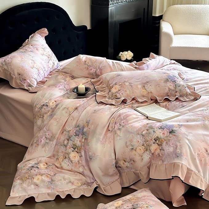 HighBuy Pink Floral Ruffle Duvet Cover Twin XL,Ruffle Lace Floral Bedding Set for Girl College,Soft Brushed Cotton Comforter Cover with Zipper for Hot Sleepers,Breathable & Fade-Resistant