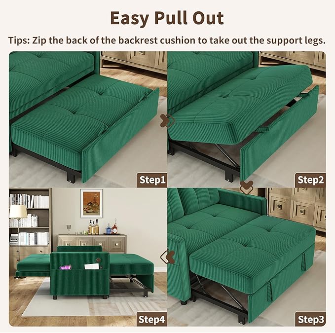 3 in 1 Convertible Sleeper Sofa Bed, Pull Out Couch with Charging Station, Corduroy Small Loveseat Sleeper Sofa with Adjustable Backrest for Apartment, Bedroom, Small Space（Green）