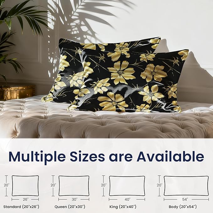 EXQ Home Satin Pillowcase for Hair and Skin Queen - Printed Golden Flowers Silk Pillow Cases 2 Pack 20x30 inches - Satin Pillow Cases Set of 2 with Envelope Closure, Gifts for Women Men