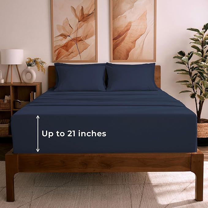 Mellanni King Sheet Set - 6-Piece Iconic Collection Bedding, (Including 4 Pillowcases), 21-Inch Extra Deep Pocket, Easy Care, Ultra Soft, Cooling Sheets, Brushed Microfiber - Navy Blue