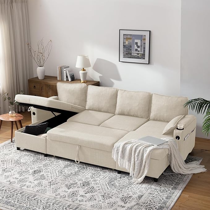 DURASPACE Sofa Bed Sleeper Sofa Pull Out Couch with Double Storage Chaise, Sectional for Living Room, U Shaped Couch with Removable Covers (Beige)