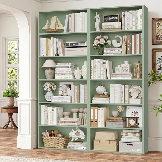 FOTOSOK 6-Tier Open Bookcase and Bookshelf Set of 2, Freestanding Display Storage Shelves Tall Bookcase for Bedroom, Living Room and Office,Green