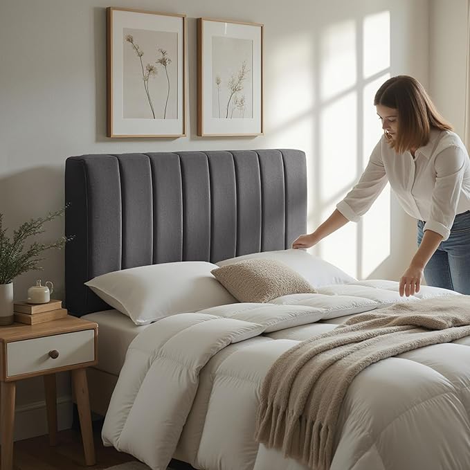 Hearth & Harbor Upholstered Full Headboard - Easy Assemble Channel Stitched Headboard Full Size - Wall Mounted Headboards with 3D Soundproof Wall Panels Peel & Stick Floating Headboards, Grey