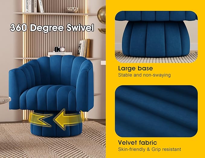 Accent Chair Mid Century 360 Degree Swivel Chair,Modern Lounge Sofa Round Barrel Chair with Wide Upholstered,Fluffy Velvet Fabric Chairs for Home Sofa Living Room/Bedroom/Waiting Room(Navy)