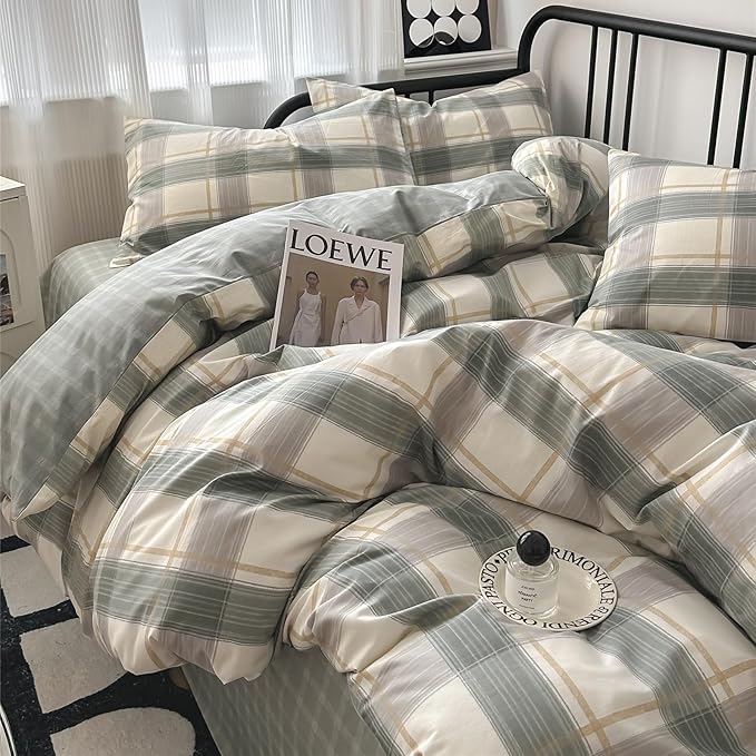 VM VOUGEMARKET Green Gingham Duvet Cover Full Size Simple Farmhouse Style Cotton Boy Men Buffalo Plaid Bedding Set 1 Duvet Cover with 2 Pillowcases