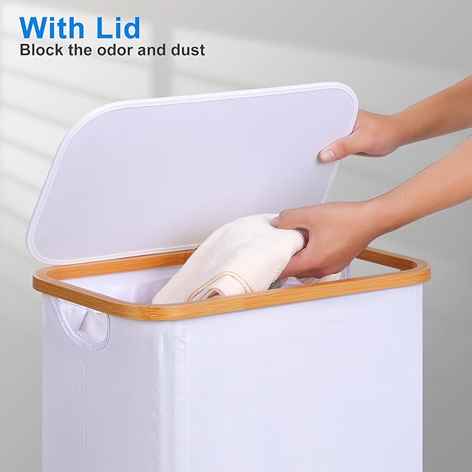efluky Slim Laundry Basket with Lid, Narrow Laundry Hamper with Removable Bag, Skinny Dirty Clothes Basket with Bamboo Handles for Bathroom, Bedroom & Laundry Room, 75L White