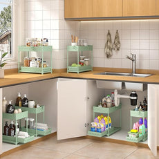 Under Sink Organizer, Bathroom Organizers and Storage, 2 Tier Multi-Use Pull Out Cabinet Organizer with Hang Hooks and Cups (Green, 4 Pack)