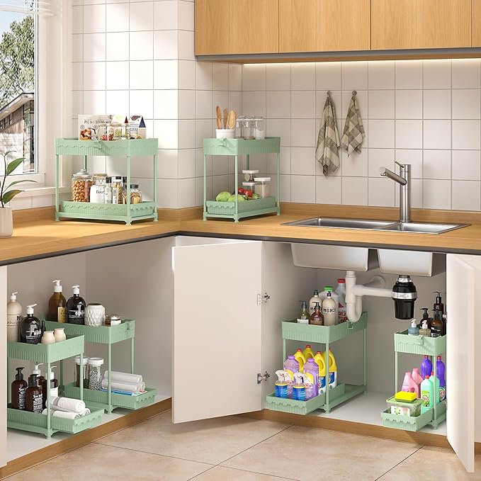 Under Sink Organizer, Bathroom Organizers and Storage, 2 Tier Multi-Use Pull Out Cabinet Organizer with Hang Hooks and Cups (Green, 4 Pack)