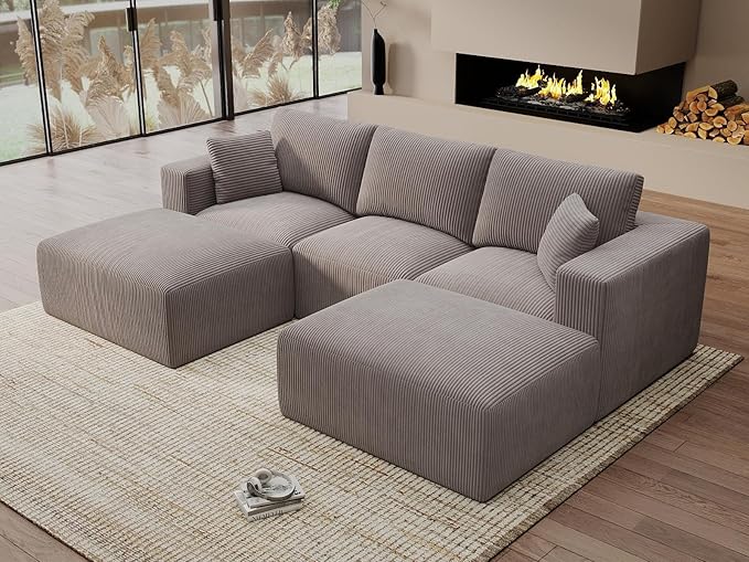 Modular Sectional Sleeper Sofa Couches for Living Room - Modern 110" U-Shaped Boneless Cloud Couch - Easy Assembly, Grey Cozy Corduroy Convertible Full Sponge Compression Sofas for House, Apartment