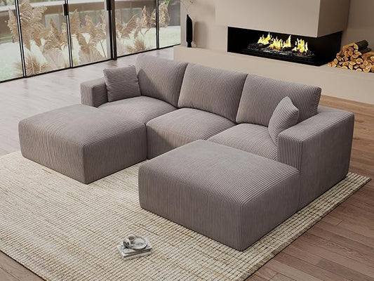 Modular Sectional Sleeper Sofa Couches for Living Room - Modern 110" U-Shaped Boneless Cloud Couch - Easy Assembly, Grey Cozy Corduroy Convertible Full Sponge Compression Sofas for House, Apartment