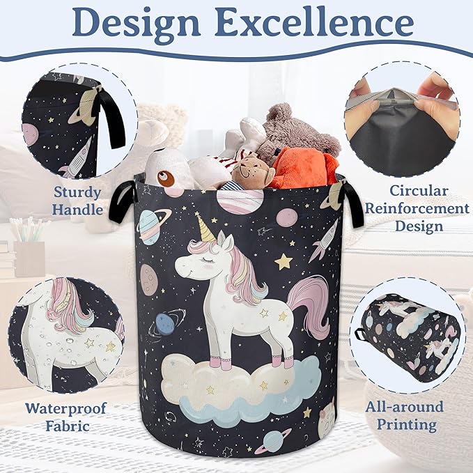 Cute Unicorn Laundry Basket,Foldable Oxford Cloth Planet Laundry Hamper with Handles, 20.8"x16" Tote Bag Clothes Storage Bucket for Laundry Room/Bathroom/Bedroom/Dormitories