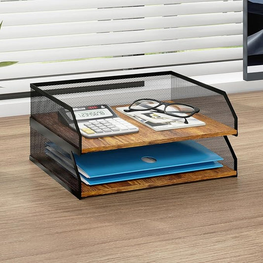 Natwind 2-Tier Stackable Paper Tray, Metal Mesh Desktop Organizer, Paper Sorter, Letter Trays,File Document Storage Rack for for Home, Office, School (Retro)