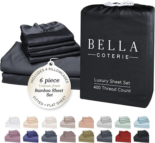 Bella Coterie 6 Piece Luxury Bamboo Viscose Split Top King Size Sheet Set | 34" Split for Adjustable Beds | 100% Organically Grown| Cooling | 18” Deep Pocket | 4 Pillowcases [Black]