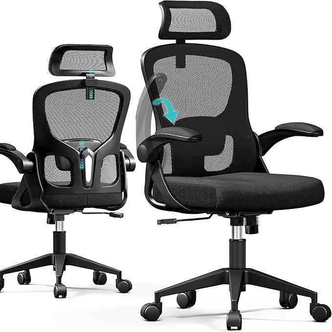 Ergonomic Office Chair - High Back Mesh Computer Desk Chair with Adjustable Lumbar Support & Headrest, Flip-Up Armrests, Tilt Function - Perfect for Gaming, Work, and Study -Black