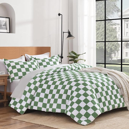 Andency Green Checkered Comforter Full(79x90Inch), Plaid Gingham Buffalo Grid Bedding Comforter Sets for Boys Kids Teens, 3 Pieces Lightweight Microfiber Geometric Preppy Bed Set