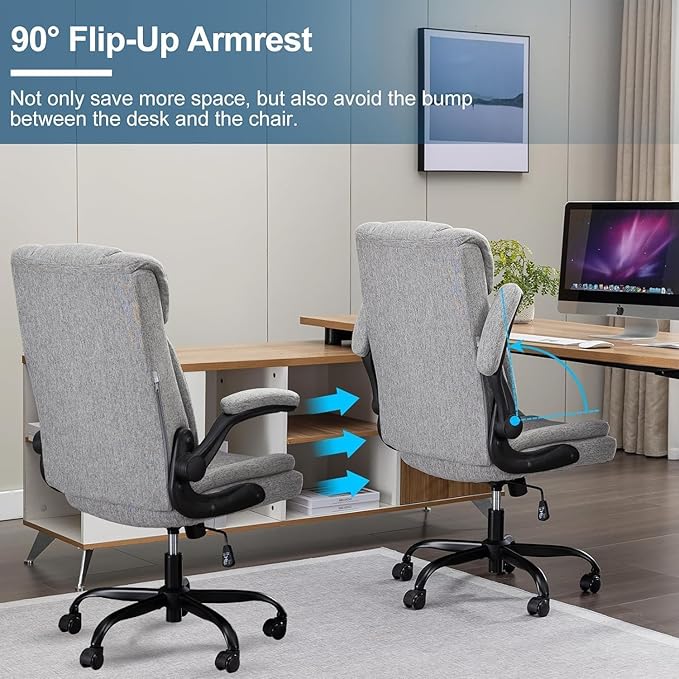Office Chair High Back Ergonomic Executive Computer Desk Chair Comfortable Fabric Padded Home Office Desk Chairs with Flip-up Arm Rest Adjustable Height Swivel Wheels (Grey)