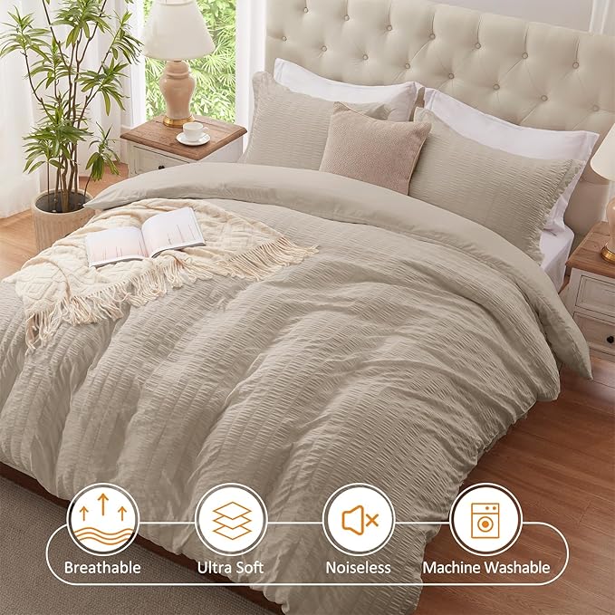 Cozyide Linen Duvet Cover Full Size, 3 Pieces Bedding Duvet Covers, Soft Breathable Seersucker Duvet Cover Set with Zipper Closure and Corner Ties (1 Duvet Cover 80"x90" + 2 Pillow Shams 20"x26")