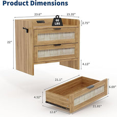 Rattan Nightstand, Bedside Table with Type-C Charging Station - 2 Storage Drawer Space, Boho End Table Side Table for Bedroom Office, Large Night Stand with Charging Port