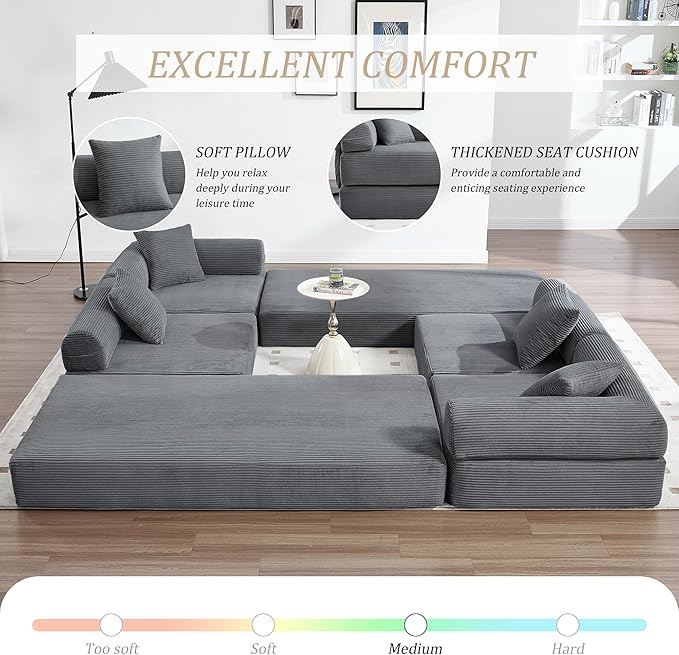 106" Oversized Convertible Sleeper Sofa Bed, Corduroy L Shape Sectional Couch, Folding Sofa Bed with Side Pocket, Modern Cloud Floor Mattress Couch, Modular Sofa for Living Room, Gray