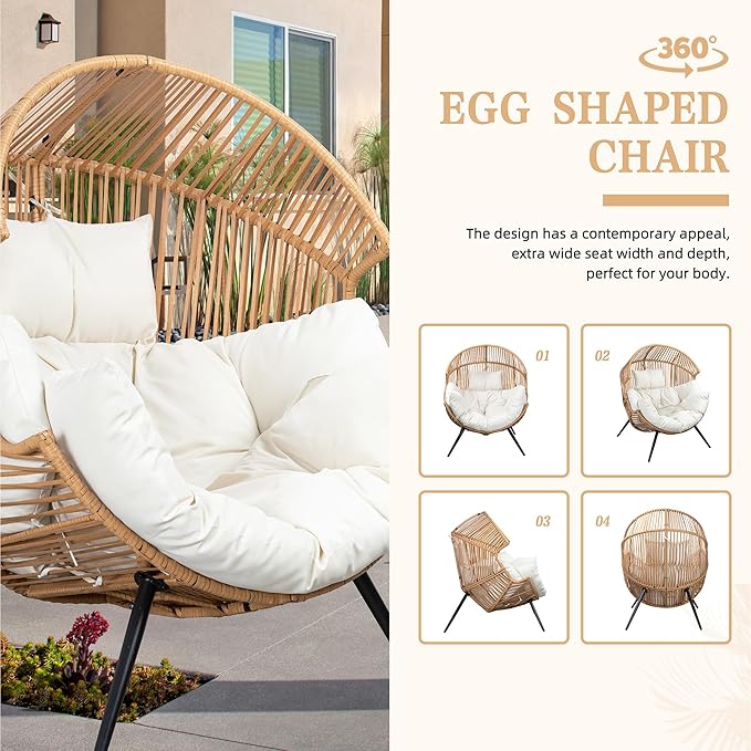 Vongrasig Comfy Wicker Egg Chair, Soft Thick Cushion Rattan Lounge Chair, High Capacity Steel Frame, Reading Chair for Living Room, Bedroom, Dorm Rooms (Beige)